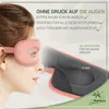 A woman wearing a pink sleep mask, with a close-up view of the mask's interior showing its 3D design and 10mm depth. Produktbild-Vorschau