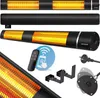 A collage of images showing an infrared heater, its remote control, mounting brackets, and a power plug. Produktbild-Vorschau