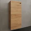 A tall, narrow wooden cabinet is mounted on a tiled wall. Produktbild-Vorschau