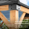 Close-up of the wooden frame and metal connectors of a gazebo, with text highlighting the quality of the cedar frame. Náhled obrázku produktu