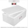 A white styrofoam cooler box with its lid partially open, shown from a slightly elevated front-left angle. Produktbild-Vorschau