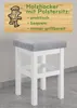A white wooden stool with a gray upholstered seat is shown in front of a light wood background with text and a cartoon illustration. Produktbild-Vorschau