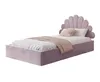 A pink upholstered bed with a shell-shaped headboard and a pink throw blanket. Produktbild-Vorschau
