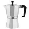 A silver moka pot with a black handle and knob is shown against a white background. Podgląd zdjęcia produktu