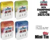 A collage of four different colored Topps Match Attax UEFA Champions League 2025/26 Mini Tins, with product information text and logos on the right side. Voir les images du produit