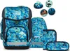 A collection of school supplies with a blue, wave-like pattern, including a backpack, pencil case, and decorative patches. Produktbild-Vorschau