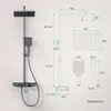 A technical drawing and a photograph of a shower system with dimensions and specifications. Produktbild-Vorschau