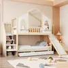 A child's bunk bed with a house-like design, featuring a slide and stairs, set in a bedroom. Produktbild-Vorschau