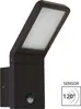 A dark-colored LED outdoor wall light with a motion sensor is shown against a white background. A graphic overlay indicates 'SENSOR 120°'. Produktbild-Vorschau