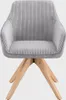 A grey upholstered chair with wooden legs against a light grey background. Podgląd zdjęcia produktu