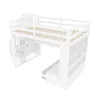 A white loft bed with stairs, shelves, and a drawer, shown from a slightly elevated side angle against a white background. Produktbild-Vorschau