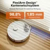 A white robot vacuum cleaner is shown cleaning a floor near a wall, with marketing text overlays highlighting its features. Produktbild-Vorschau