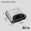 A top-down diagonal view of a closed sandwich maker with dimensions and weight indicated. Náhľad obrázku produktu