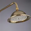 A close-up of a gold shower head with a curved arm, mounted on a tiled wall. Produktbild-Vorschau