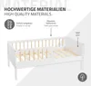 A white children's bed with wooden slats and a protective railing, shown from a diagonal angle. Text overlays highlight features like 'High Quality Materials', 'Simple to set up', 'Solid pine wood', and 'MDF'. Produktbild-Vorschau