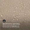 Close-up of a textured fabric with water droplets, with marketing text and a symbol in the lower left corner. Produktbild-Vorschau