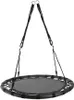 A black and gray round swing for outdoor use, suspended by black ropes and metal rings. Náhľad obrázku produktu