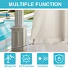 Outdoor curtains shown attached to a pergola post near a swimming pool, with icons indicating features. Voir les images du produit