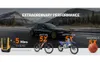 A marketing image showing a portable air compressor with various items it can inflate, such as bicycles, motorcycles, and basketballs. The background features a car and a mountain landscape. Podgląd zdjęcia produktu
