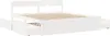 A white wooden bed frame with drawers underneath, shown from a side angle against a white background. Produktbild-Vorschau