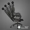 A black ergonomic office chair is shown in multiple tilted positions to demonstrate its recline feature. The background is a plain gray. Náhled obrázku produktu