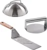 A set of three stainless steel barbecue tools: a dome lid, a burger press, and a spatula. Anteprima dell’immagine prodotto
