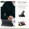 A person wearing a dark hoodie is shown with a black leather phone case with a kickstand feature. Produktbild-Vorschau