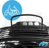 Close-up of the top of a black fan with control buttons and a handle, with a blue circle overlay containing a line drawing of a hand. Voir les images du produit