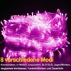 A tangled bundle of pink LED string lights against a black background, with text describing the product's features. Náhľad obrázku produktu