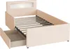 A beige upholstered bed frame with a slatted mattress base and an open drawer. Produktbild-Vorschau