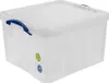 A clear, studio shot of a transparent storage box with blue handles. Voir les images du produit