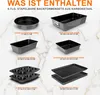 A collection of baking pans arranged on a marble-like surface, with text labels indicating their type and dimensions. Produktbild-Vorschau