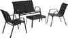 A black outdoor furniture set including a loveseat, two chairs, and a coffee table, arranged on a white background.