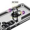 A close-up view of a silver smartphone case with a rotating metal ring on the back. The case has textured accents and shows the camera module. Text overlays indicate features. Produktbild-Vorschau