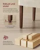 A close-up view of chair legs, highlighting their material and adjustability, with raw wood pieces shown below. Produktbild-Vorschau