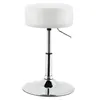 A white, round, adjustable height stool with a silver chrome base and stem, presented against a white background. Podgląd zdjęcia produktu