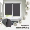 Roller blinds installed on a window in a kitchen setting, with feature icons and text overlays. Produktbild-Vorschau