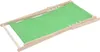 A green fabric deck chair with a wooden frame, folded and lying on a white background. Produktbild-Vorschau