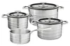 A set of four stainless steel pots and pans with lids, arranged on a white background. Produktbild-Vorschau