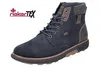 A single blue leather boot is shown against a white background. The RiekerTEX logo is visible in the upper left corner. Voir les images du produit