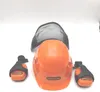 An orange safety helmet with a mesh visor and two orange ear defenders, all with the Oregon logo, are displayed against a white background. Produktbild-Vorschau