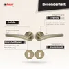 A marketing image showcasing DOMINO door handles with descriptive text highlighting features. Produktbild-Vorschau
