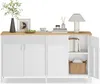 A white storage cabinet with a beige wooden top, decorated with various items on top and books and a basket inside. Náhled obrázku produktu