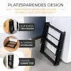 A black folding drying rack is shown in various storage locations, with text highlighting its space-saving design. Produktbild-Vorschau