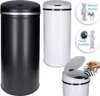 A collage showing two automatic trash cans, one black and one white, along with diagrams illustrating their features like motion sensor and touch function. Produktbild-Vorschau