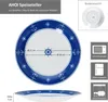 A marketing image showing a plate with dimensions and icons indicating its features. Podgląd zdjęcia produktu