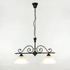 A black chandelier with two frosted glass shades hangs against a white background. Produktbild-Vorschau