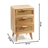 A wooden nightstand with three drawers featuring woven cane fronts, shown against a white background with dimensions indicated. Podgląd zdjęcia produktu