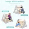 A collage of three images showing children playing on a 3-sided climbing triangle with different attachments. Produktbild-Vorschau