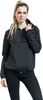 A woman is posing in a black windbreaker jacket and black pants against a white background. Produktbild-Vorschau